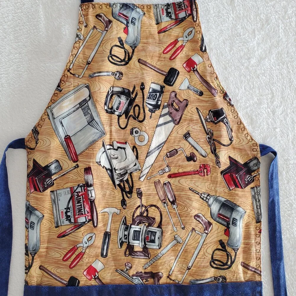 Handmade Kids REVERSIBLE Tools & Trains Apron with 3 Pockets Baking Cooking Art